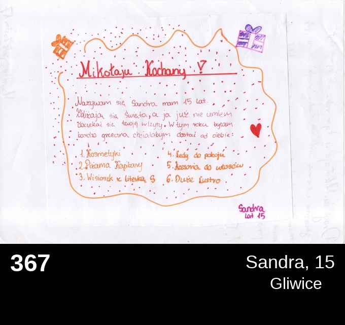 367 Sandra 15 - Listy do Świętego Mikołaja